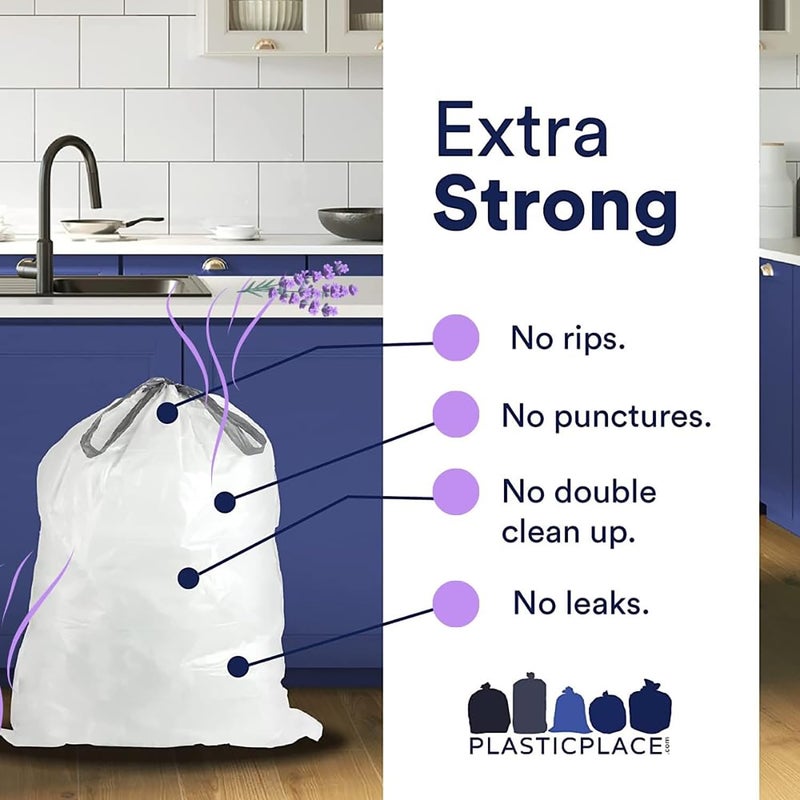 Plasticplace White Drawstring Lavender and Soft Vanilla Scented Garbage Can Liners, Compatible with Code H (200 Count), 8-9 Gallon / 30-35 Liter, 18.5" x 28 - Image 3